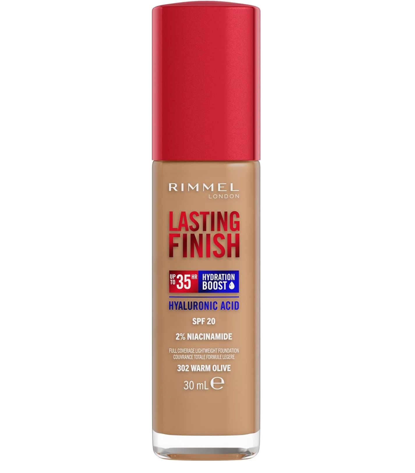 Rimmel Lasting Finish 35Hr Foundation 302 Warm Olive, Full Coverage, Hydrating, SPF20, Hyaluronic Acid, Vitamin E